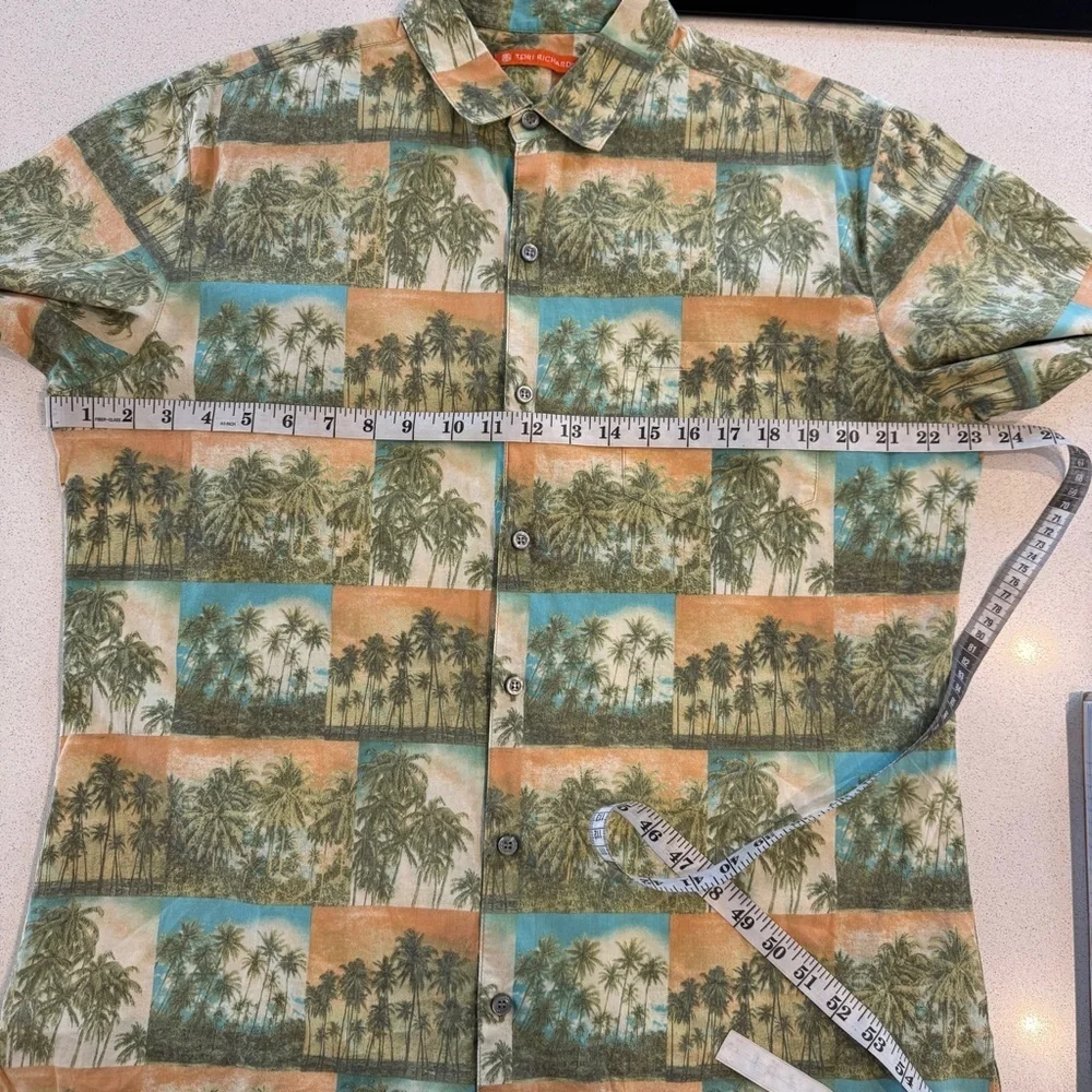 Tori Richard Hawaiian Shirt Tropical Palm Trees Print Size Large Tan Cotton Lawn - Picture 3 of 13